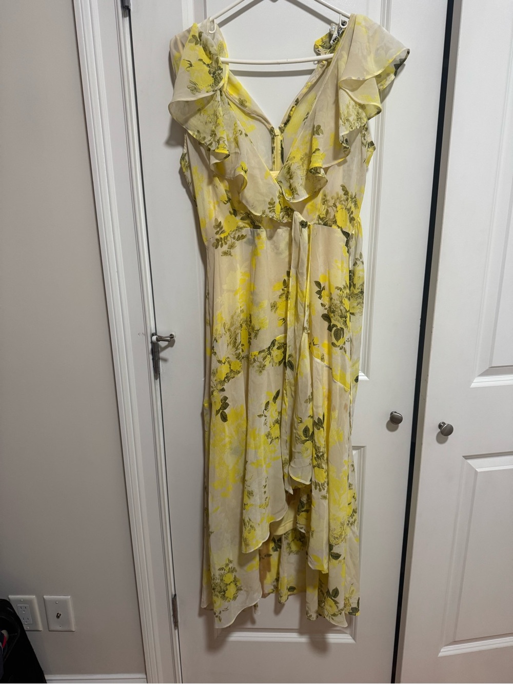 Calvin Klein Yellow Floral High-Low Ruffle Maxi Dress